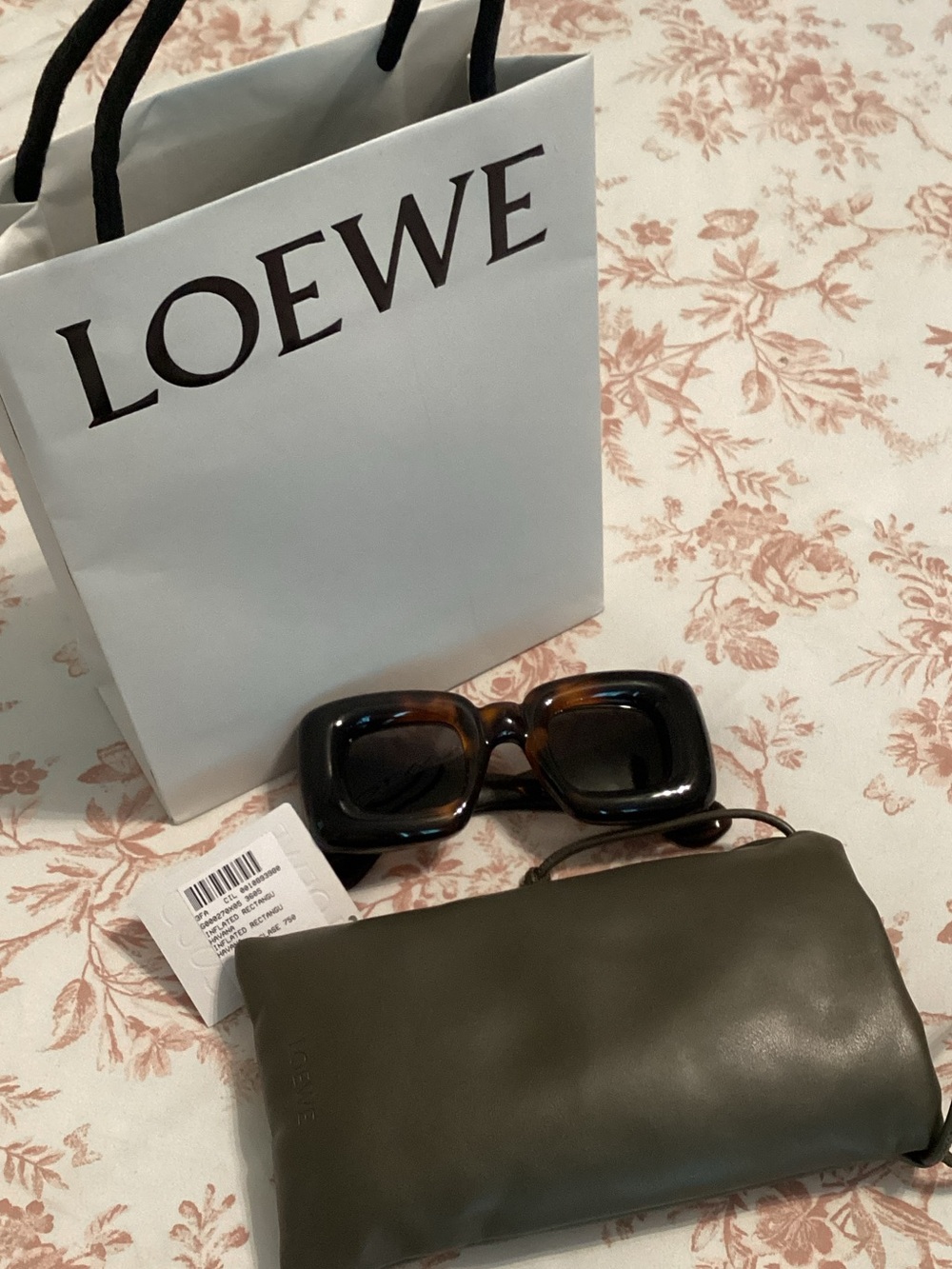 LOEWE Olive Leather Sunglasses Pouch with Tortoiseshell Square Sunglasses